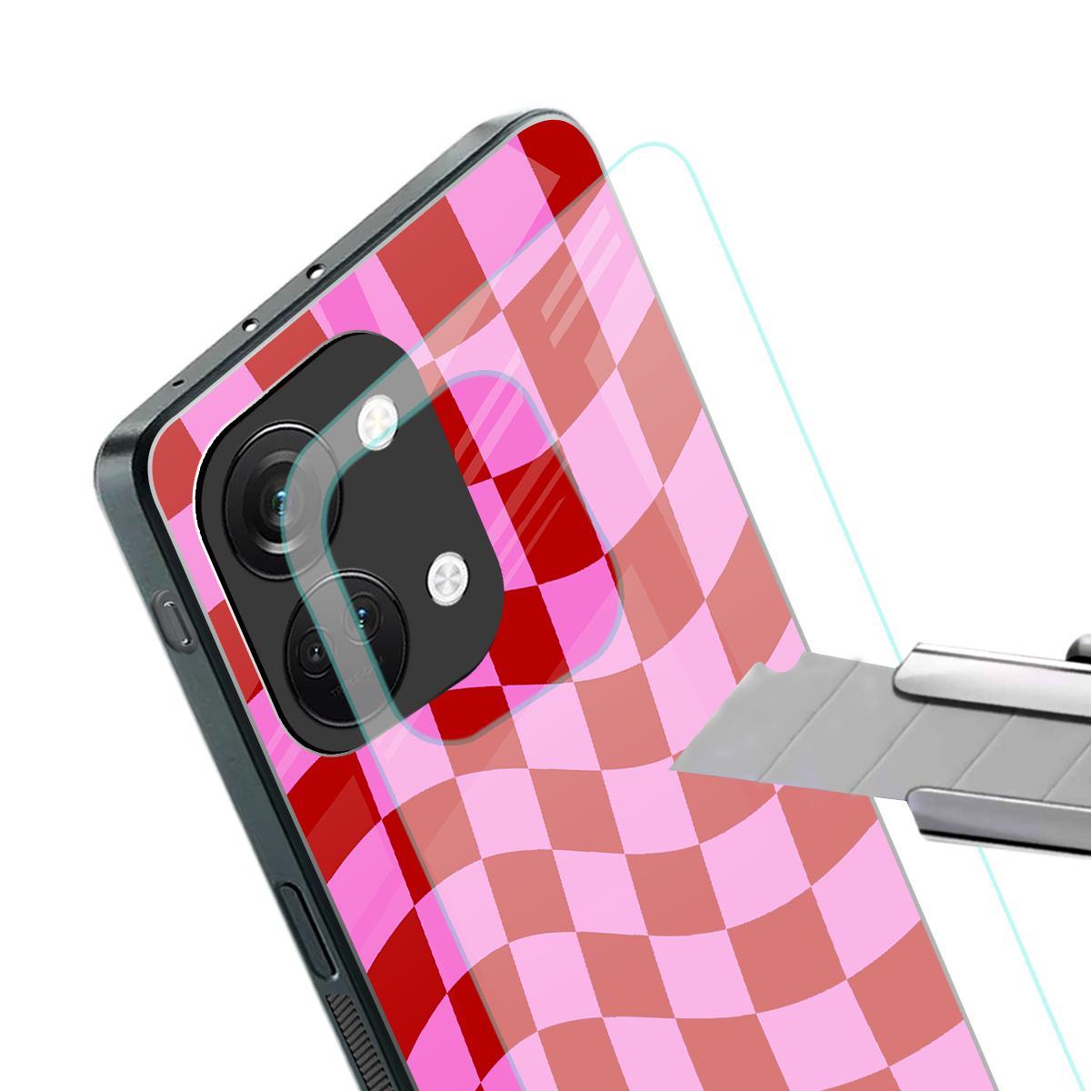 red pink trippy check pattern back phone cover | glass case for oneplus nord 3