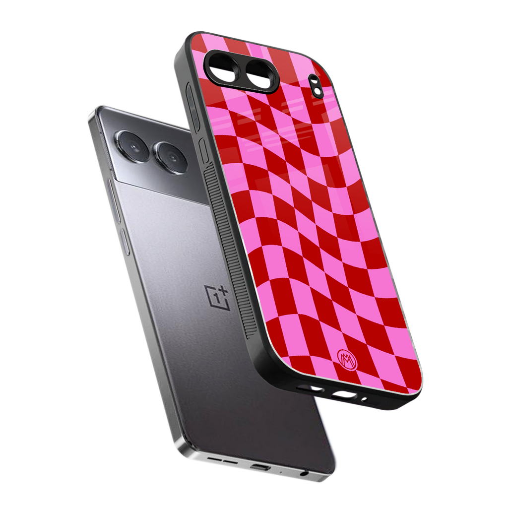 red pink trippy check pattern back phone cover | glass case for oneplus nord 4