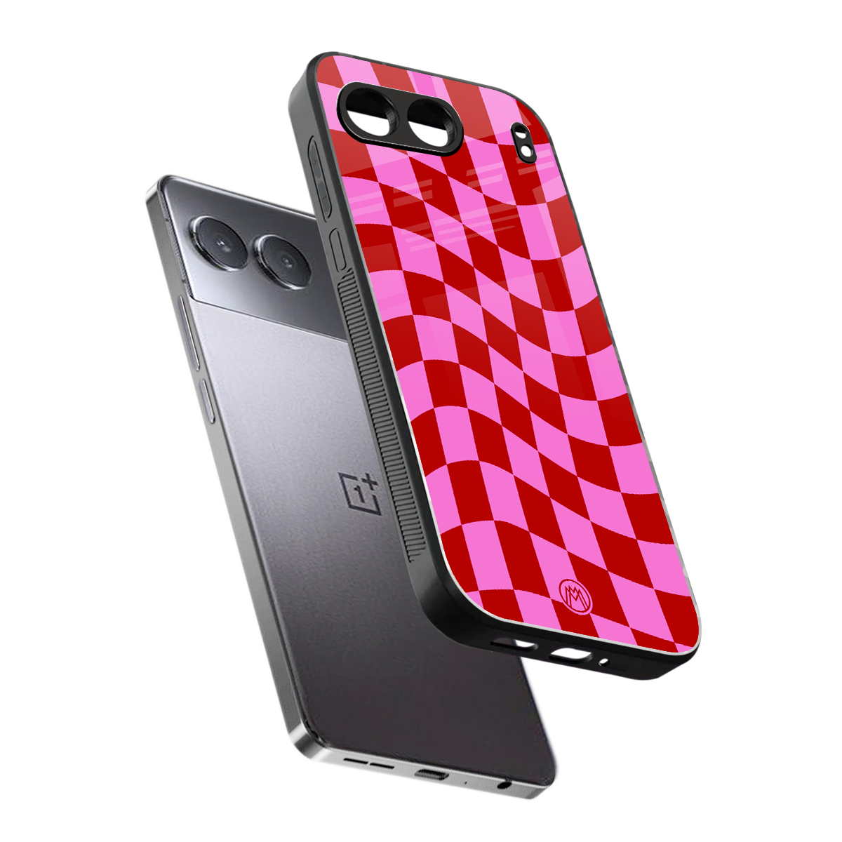 red pink trippy check pattern back phone cover | glass case for oneplus nord 4