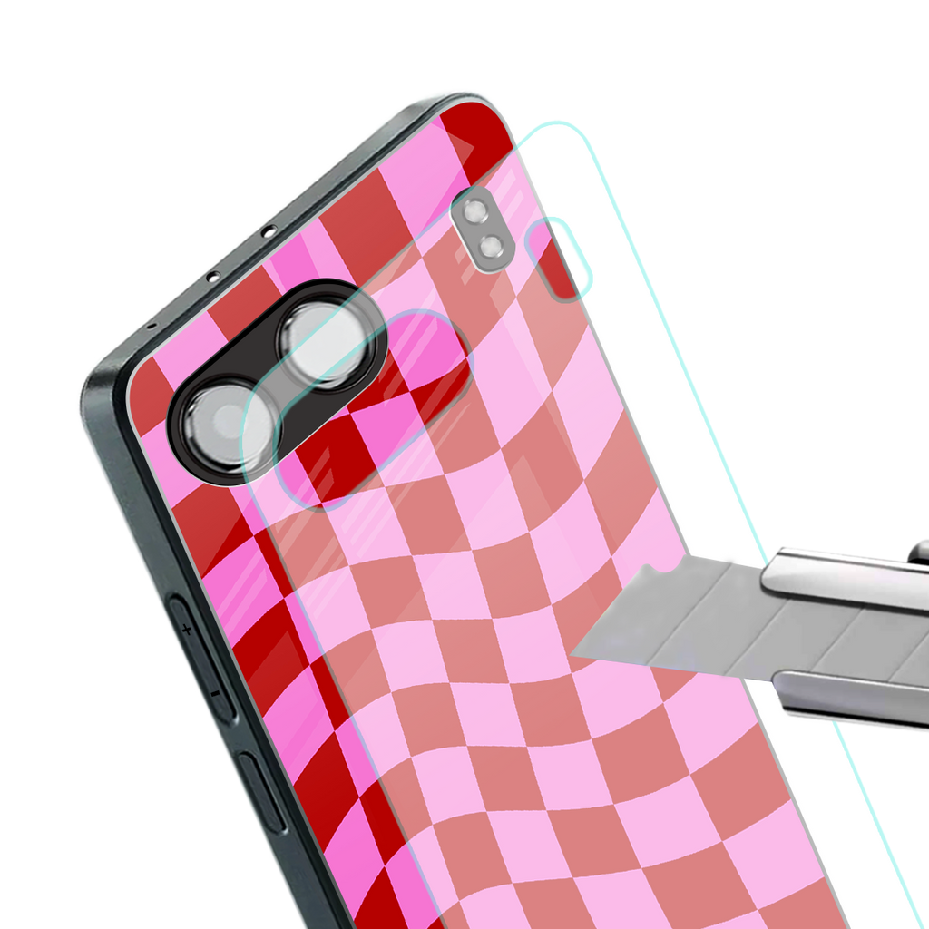 red pink trippy check pattern back phone cover | glass case for oneplus nord 4