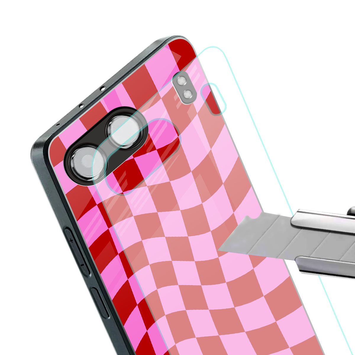 red pink trippy check pattern back phone cover | glass case for oneplus nord 4