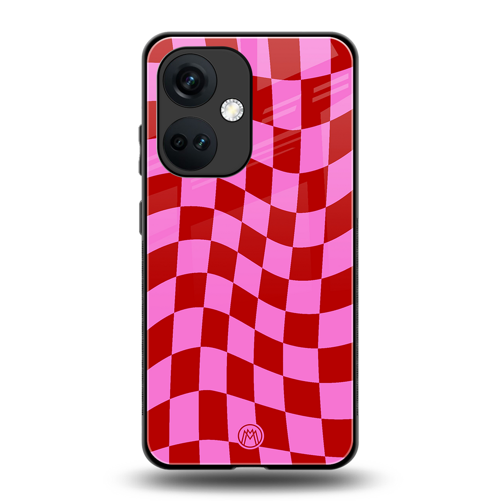 red pink trippy check pattern back phone cover | glass case for oneplus nord ce 3