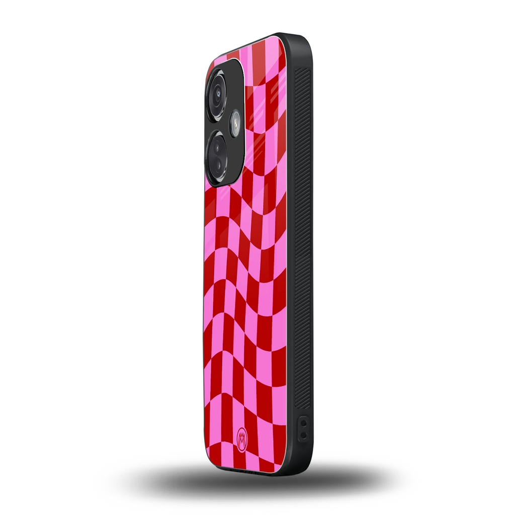 red pink trippy check pattern back phone cover | glass case for oneplus nord ce 3