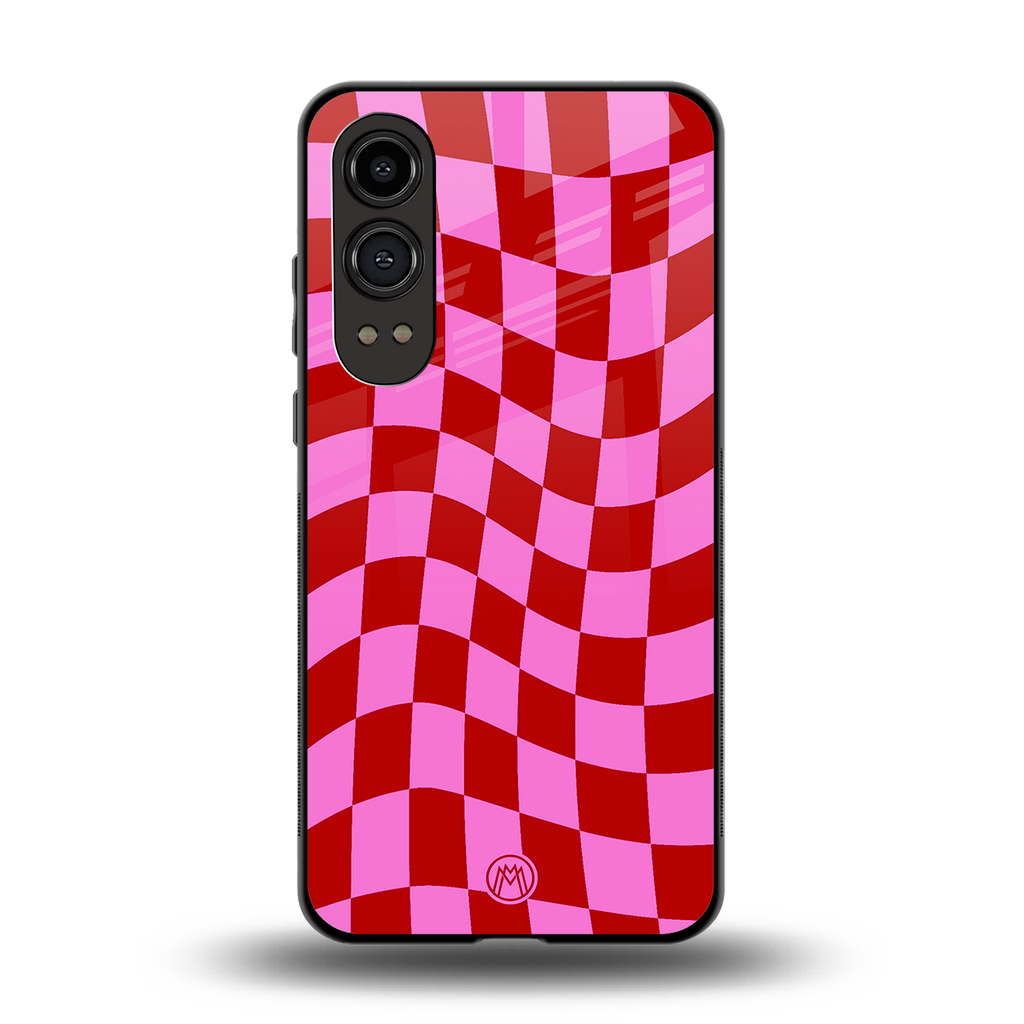 red pink trippy check pattern back phone cover | glass case for oneplus nord ce 4 lite