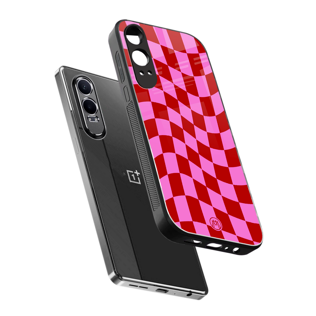red pink trippy check pattern back phone cover | glass case for oneplus nord ce 4 lite
