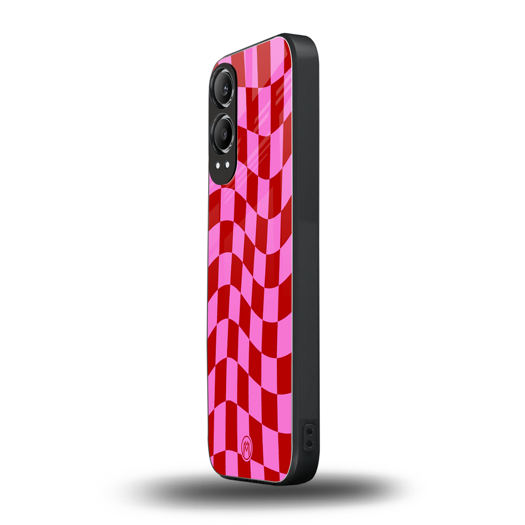 red pink trippy check pattern back phone cover | glass case for oneplus nord ce 4 lite