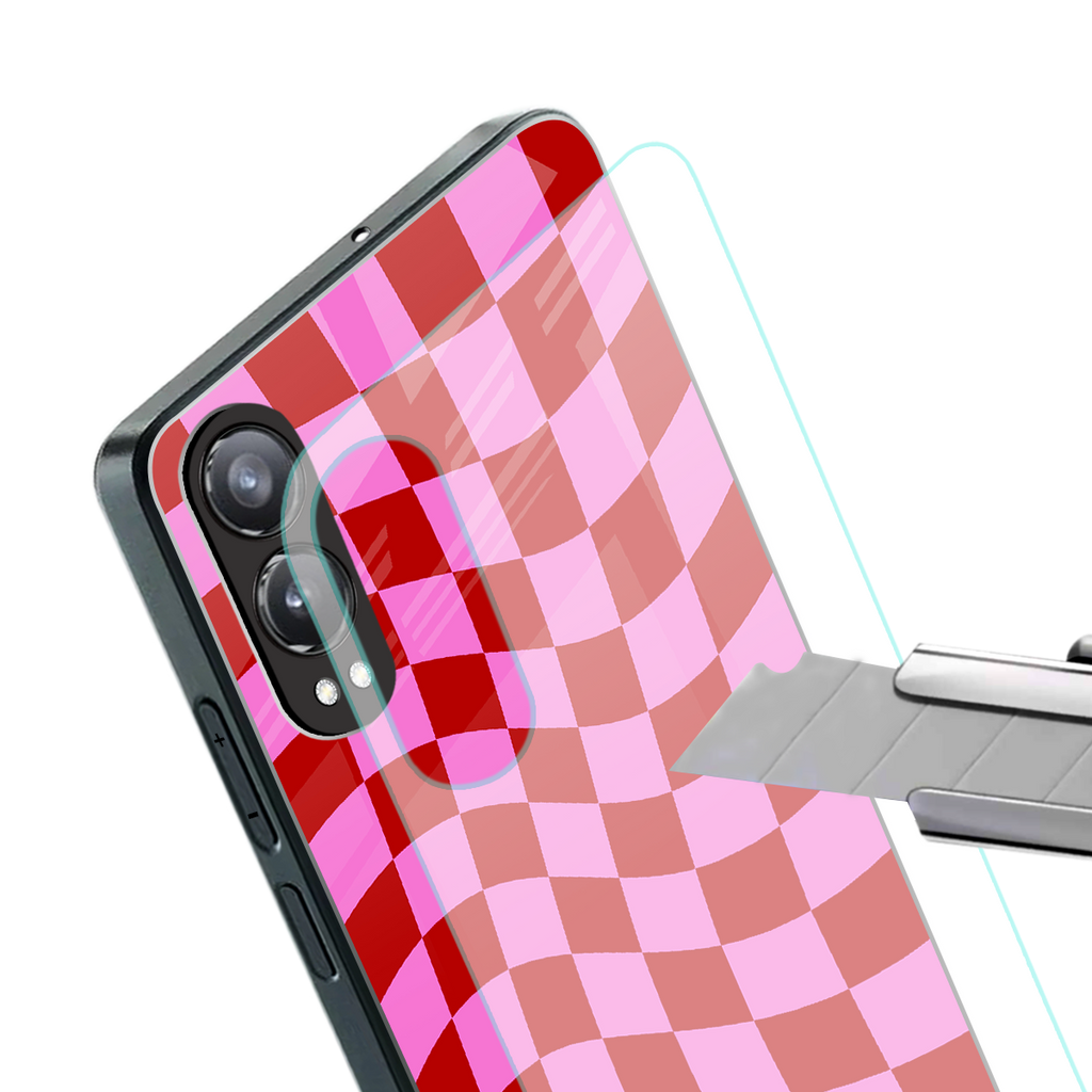 red pink trippy check pattern back phone cover | glass case for oneplus nord ce 4 lite