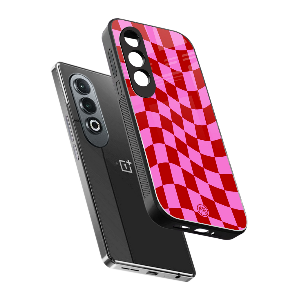 red pink trippy check pattern back phone cover | glass case for oneplus nord ce 4