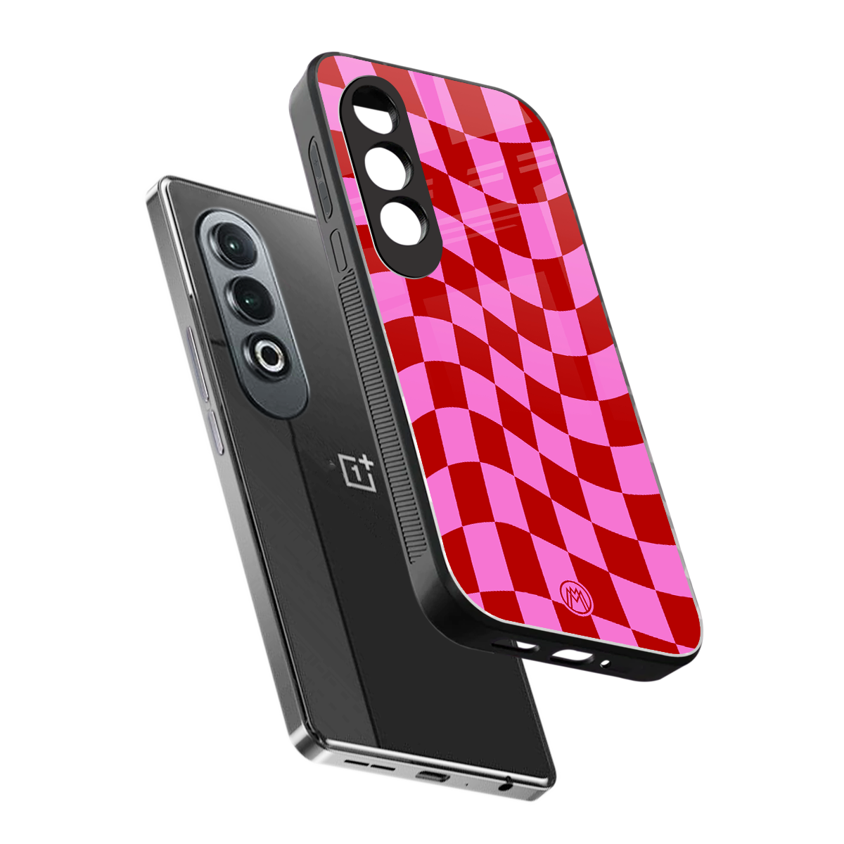 red pink trippy check pattern back phone cover | glass case for oneplus nord ce 4