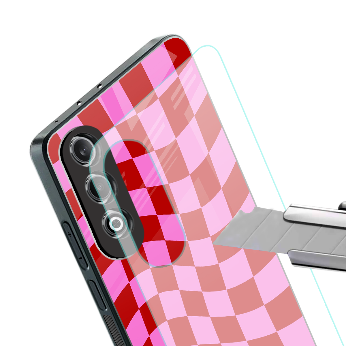 red pink trippy check pattern back phone cover | glass case for oneplus nord ce 4