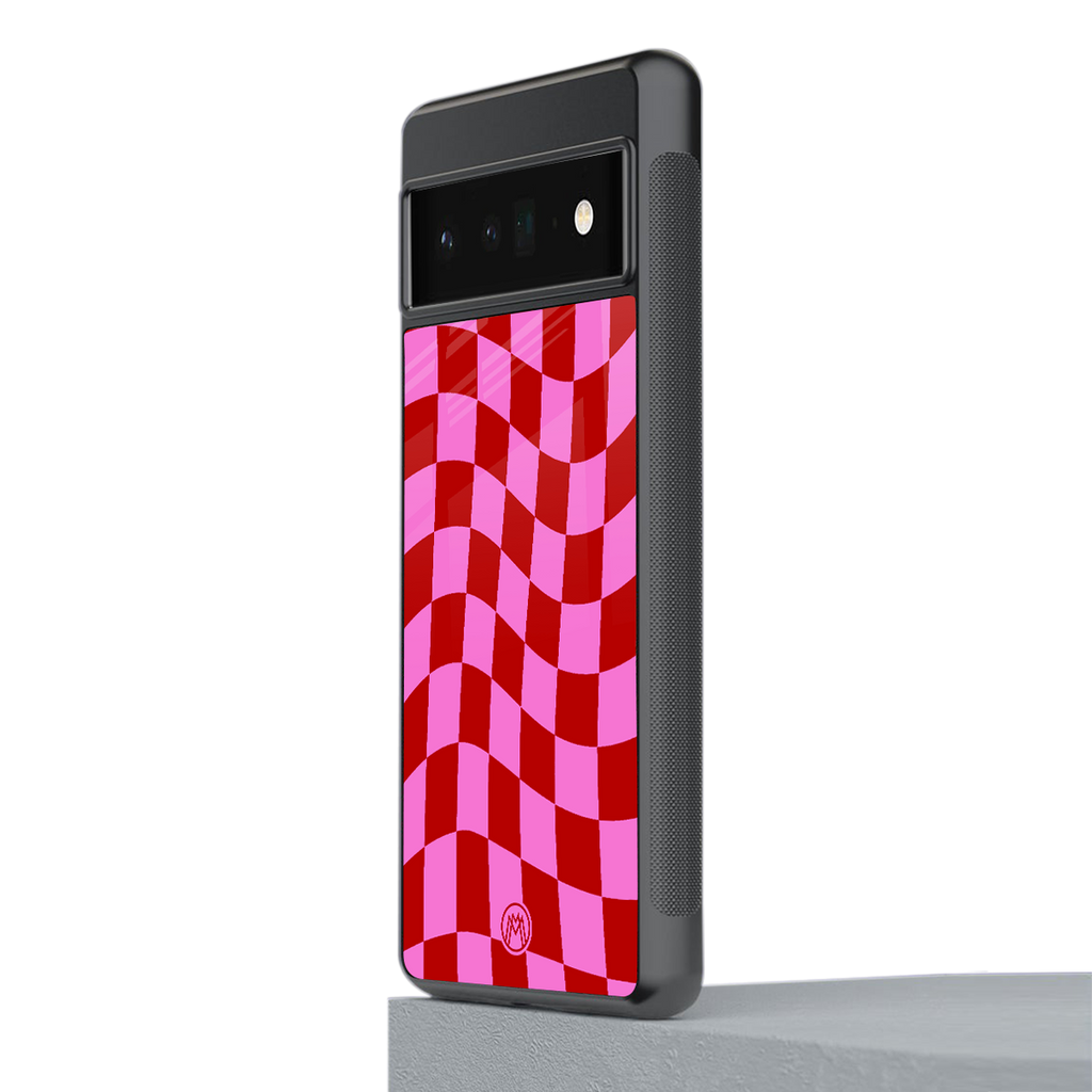 red pink trippy check pattern back phone cover | glass case for google pixel 6 pro