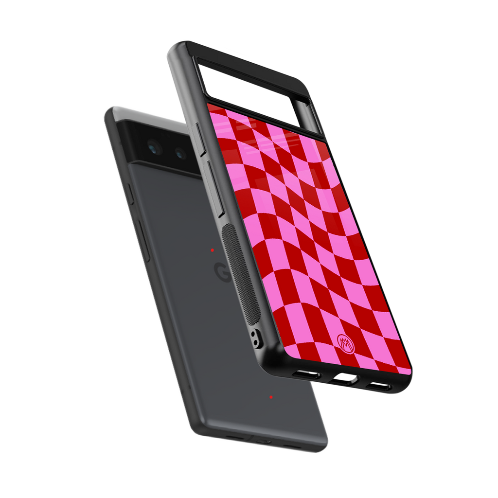 red pink trippy check pattern back phone cover | glass case for google pixel 6