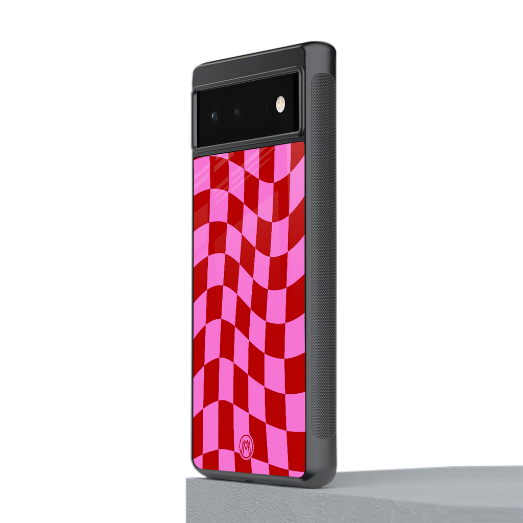 red pink trippy check pattern back phone cover | glass case for Google Pixel 6A