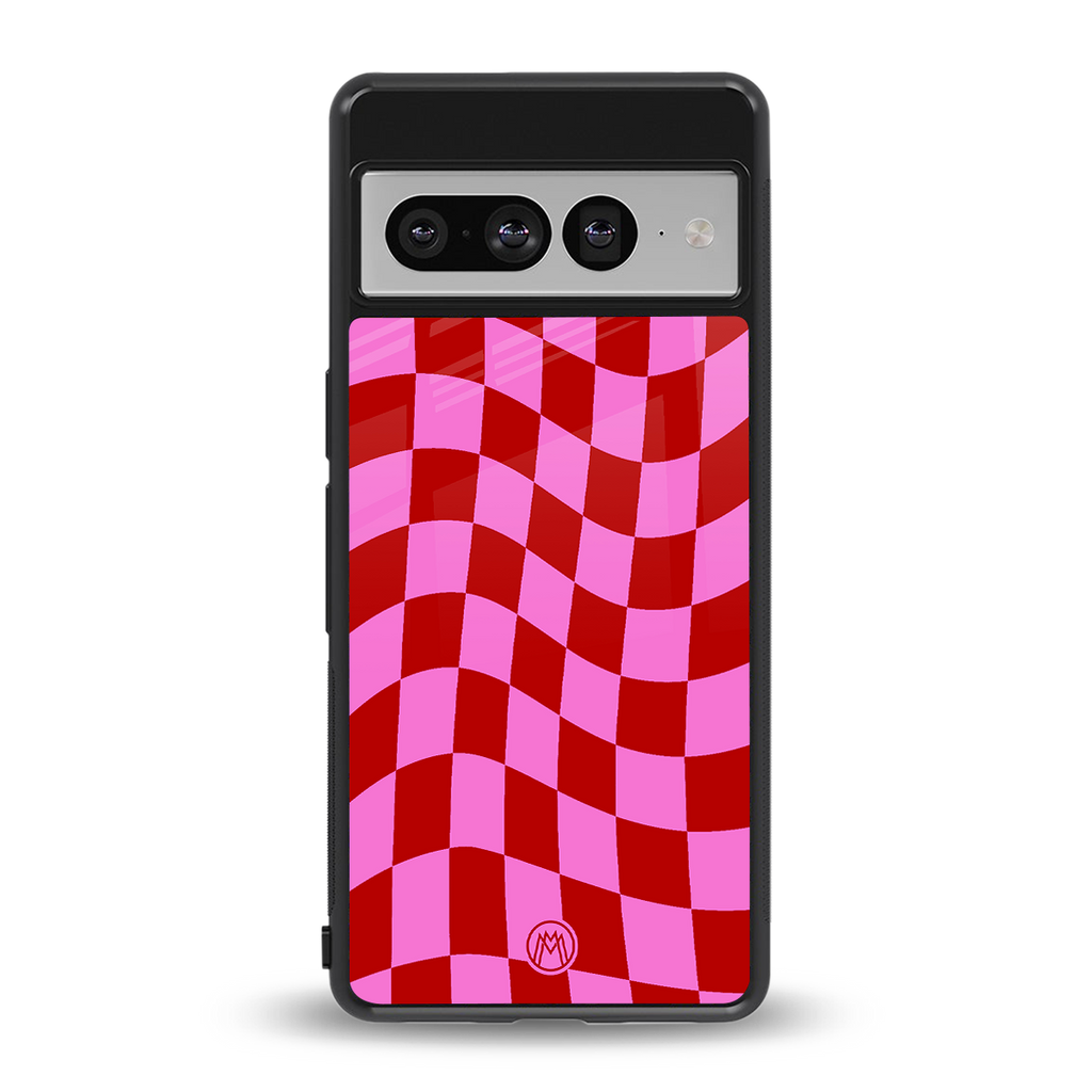 red pink trippy check pattern back phone cover | glass case for google pixel 7 pro