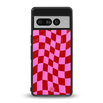 red pink trippy check pattern back phone cover | glass case for google pixel 7 pro