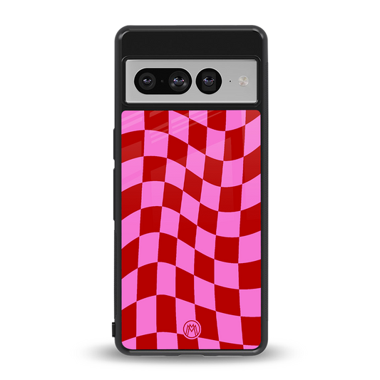 red pink trippy check pattern back phone cover | glass case for google pixel 7 pro