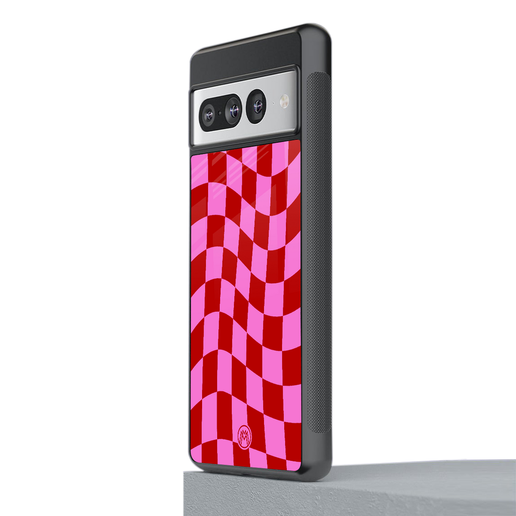 red pink trippy check pattern back phone cover | glass case for google pixel 7 pro