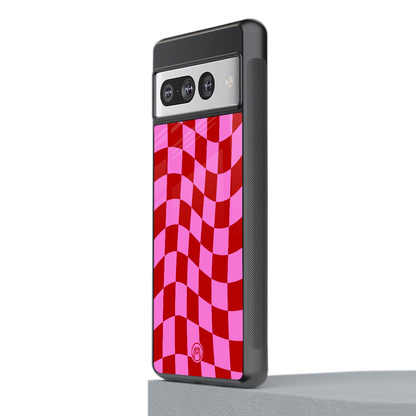red pink trippy check pattern back phone cover | glass case for google pixel 7 pro