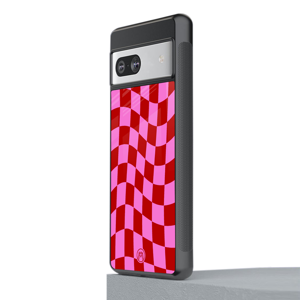 red pink trippy check pattern back phone cover | glass case for Google Pixel 7
