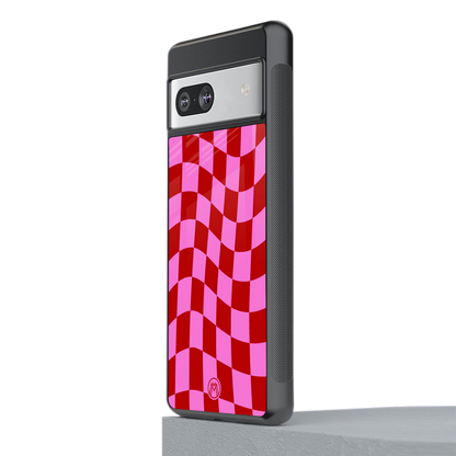 red pink trippy check pattern back phone cover | glass case for Google Pixel 7