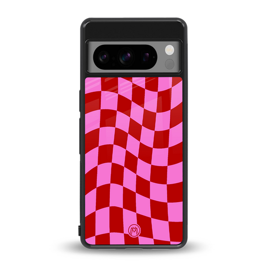 red pink trippy check pattern back phone cover | glass case for google pixel 8 pro