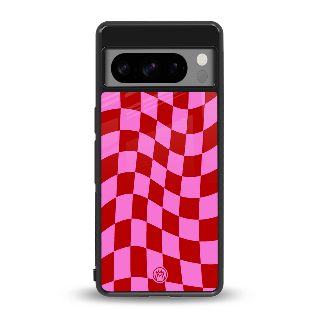 red pink trippy check pattern back phone cover | glass case for google pixel 8 pro