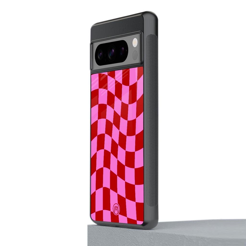 red pink trippy check pattern back phone cover | glass case for google pixel 8 pro
