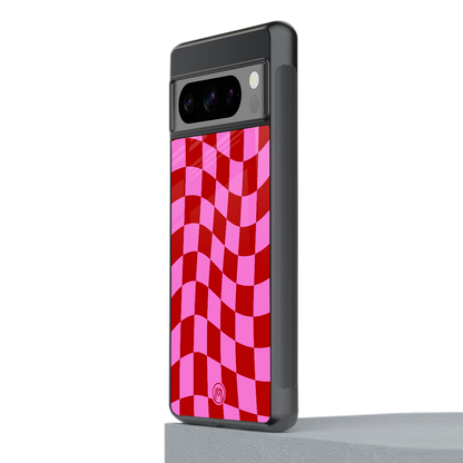 red pink trippy check pattern back phone cover | glass case for google pixel 8 pro