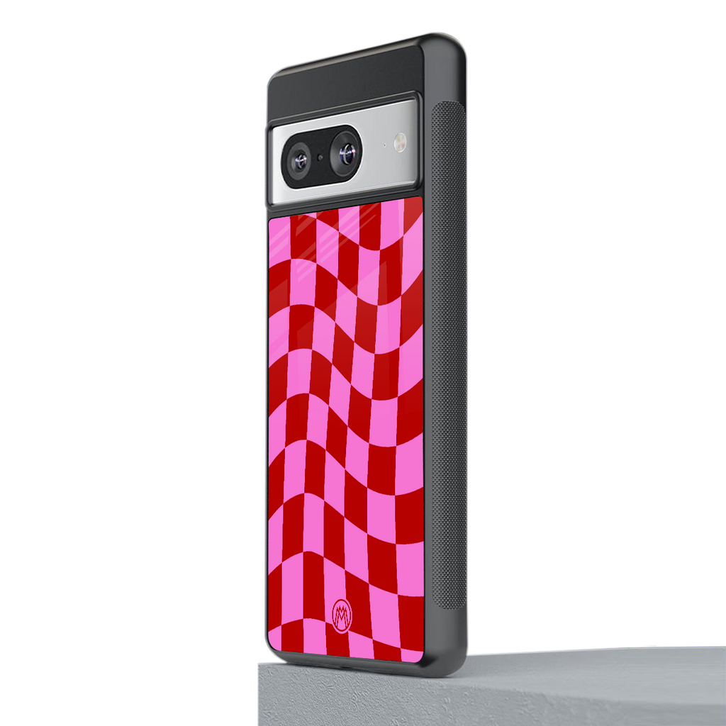 red pink trippy check pattern back phone cover | glass case for Google Pixel 8