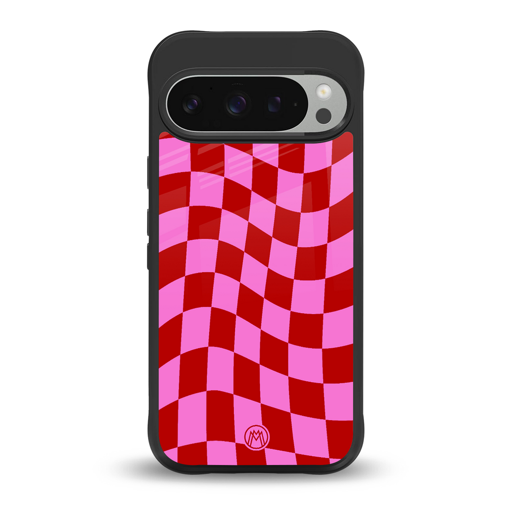 red pink trippy check pattern back phone cover | glass case for google pixel 9 pro