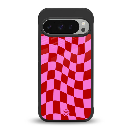 red pink trippy check pattern back phone cover | glass case for google pixel 9 pro xl
