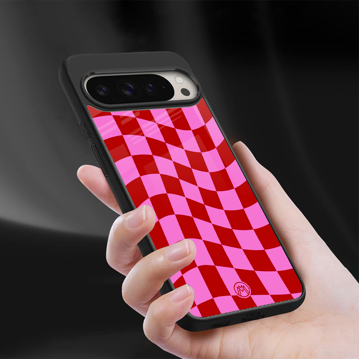 red pink trippy check pattern back phone cover | glass case for google pixel 9 pro xl