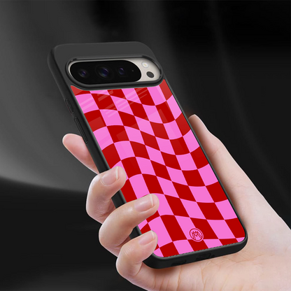 red pink trippy check pattern back phone cover | glass case for google pixel 9 pro xl