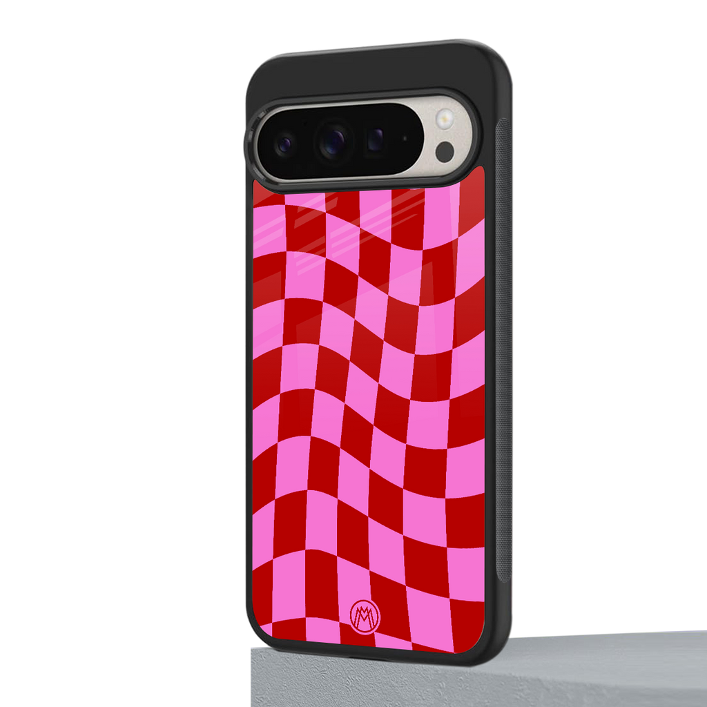 red pink trippy check pattern back phone cover | glass case for google pixel 9 pro