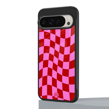 red pink trippy check pattern back phone cover | glass case for google pixel 9 pro xl