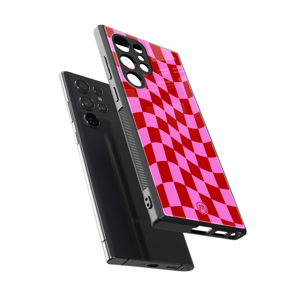 red pink trippy check pattern back phone cover | glass case for samsung galaxy s23 ultra