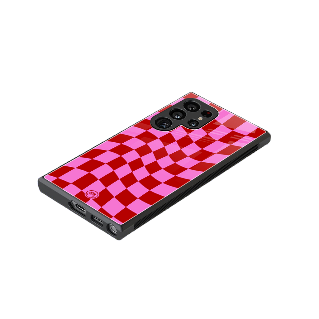 red pink trippy check pattern back phone cover | glass case for samsung galaxy s23 ultra