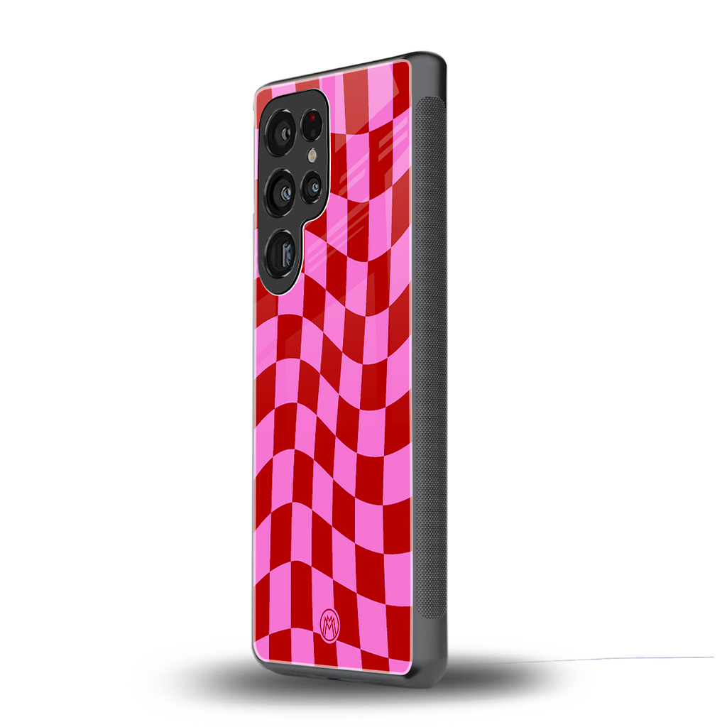 red pink trippy check pattern back phone cover | glass case for samsung galaxy s25 ultra