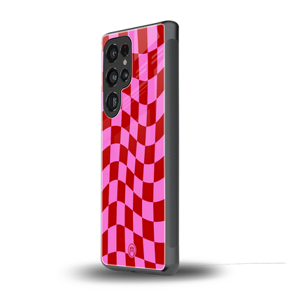 red pink trippy check pattern back phone cover | glass case for samsung galaxy s25 ultra