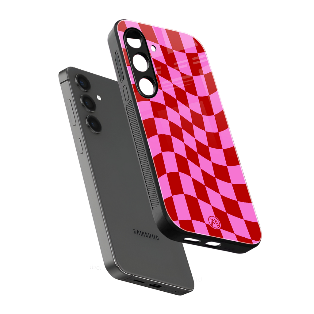 red pink trippy check pattern back phone cover | glass case for samsung galaxy s25 plus