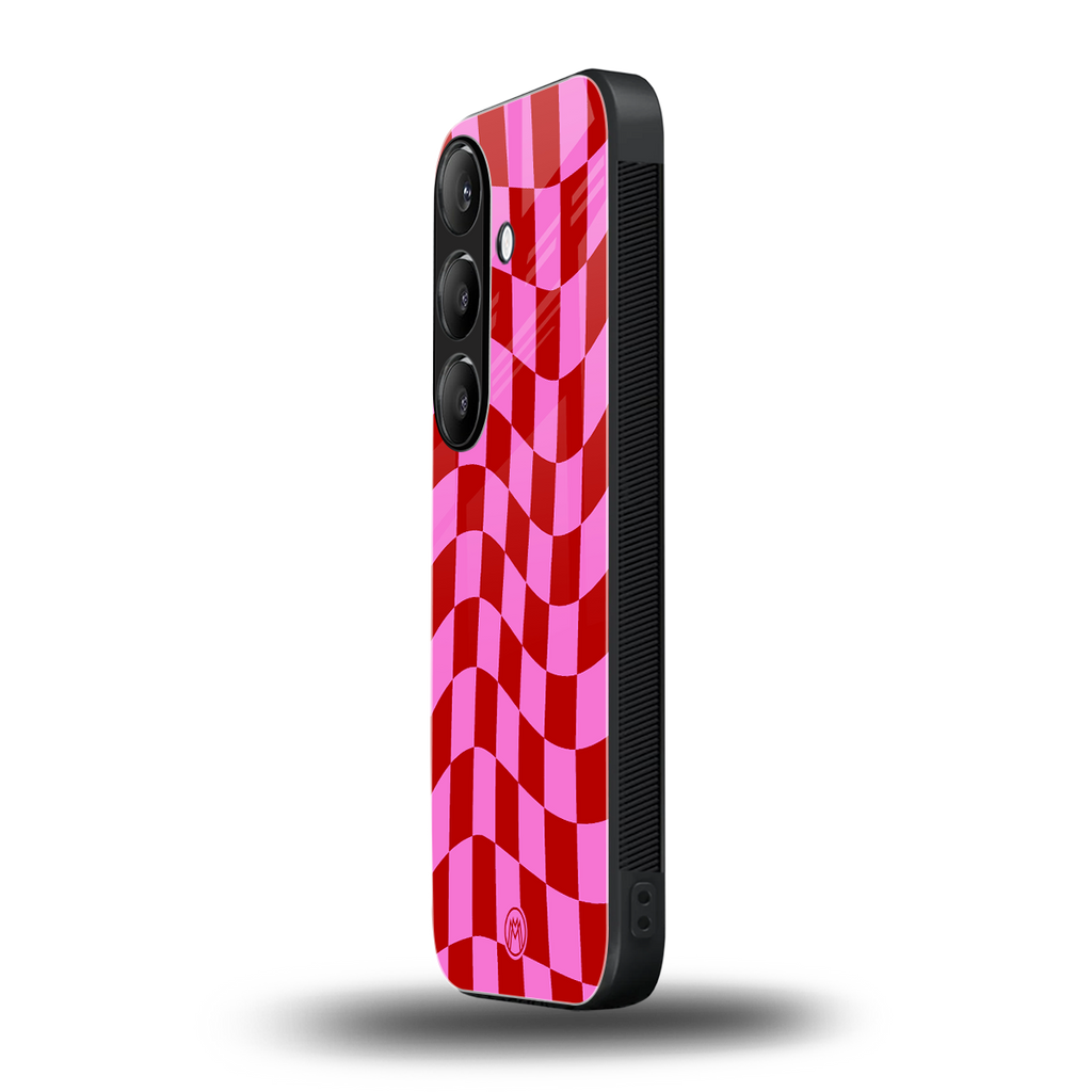 red pink trippy check pattern back phone cover | glass case for samsung galaxy s25