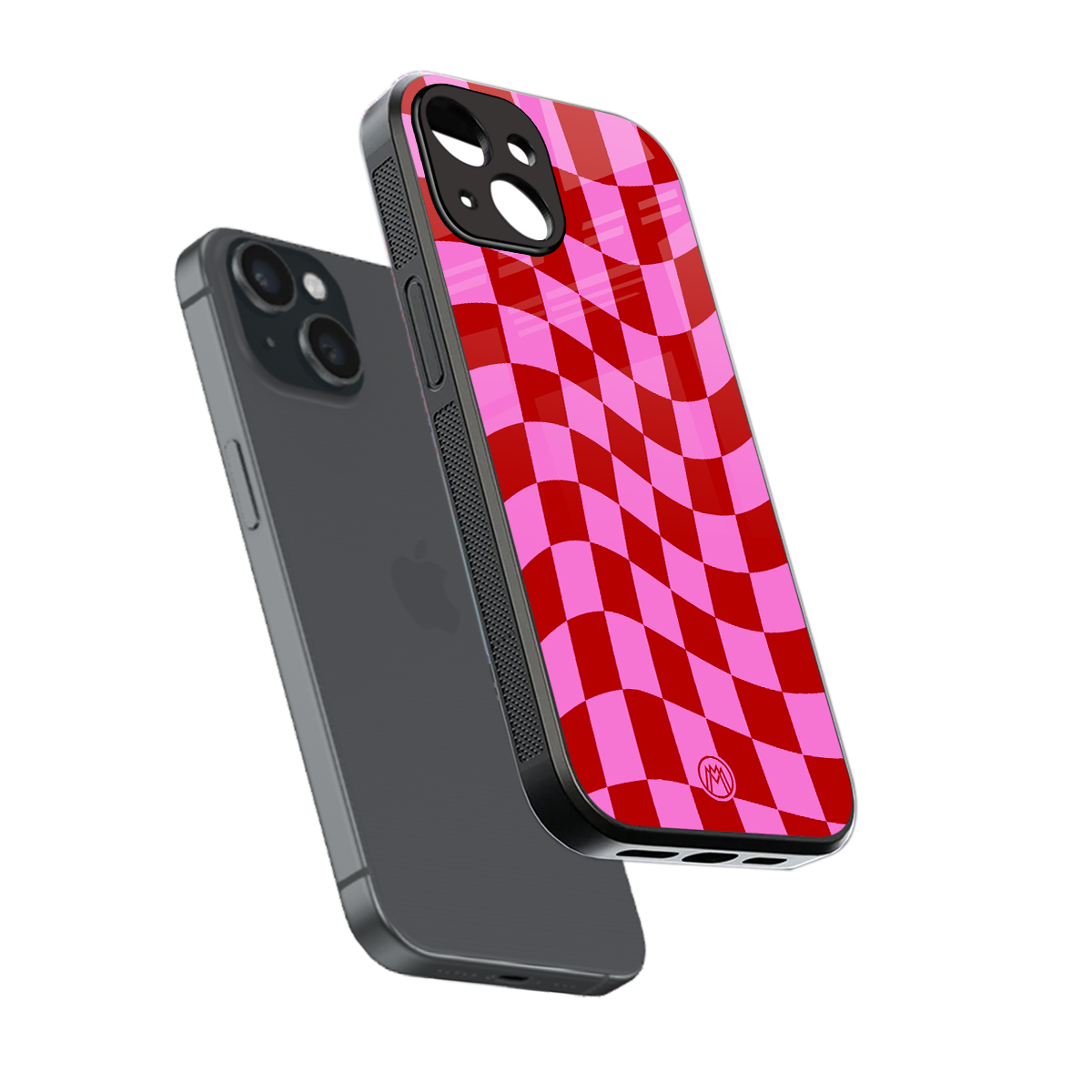 red pink trippy check pattern back phone cover | glass case for iphone 15