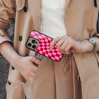 red pink trippy check pattern back phone cover | glass case for samsung galaxy s24 ultra