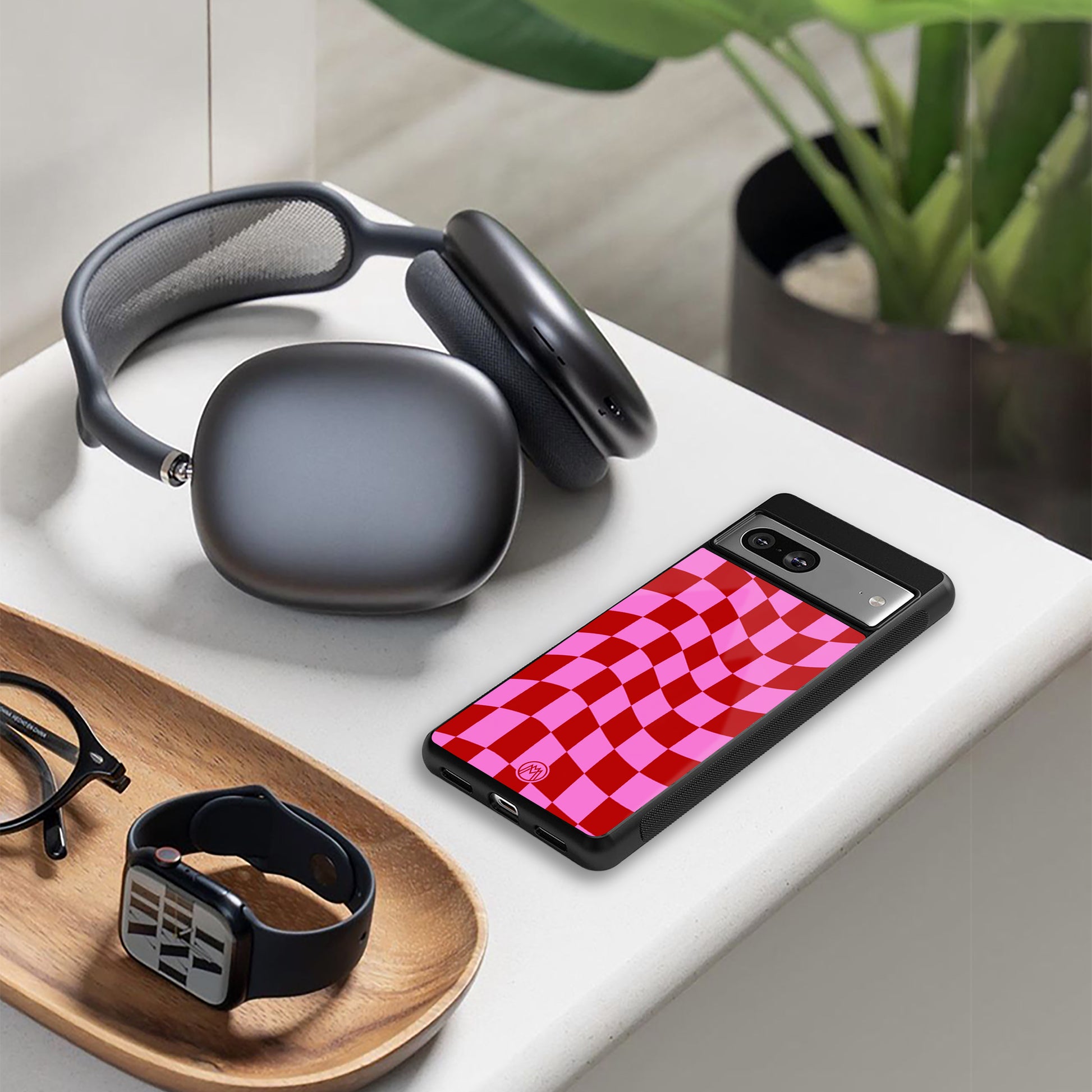 red pink trippy check pattern back phone cover | glass case for google pixel 8 pro