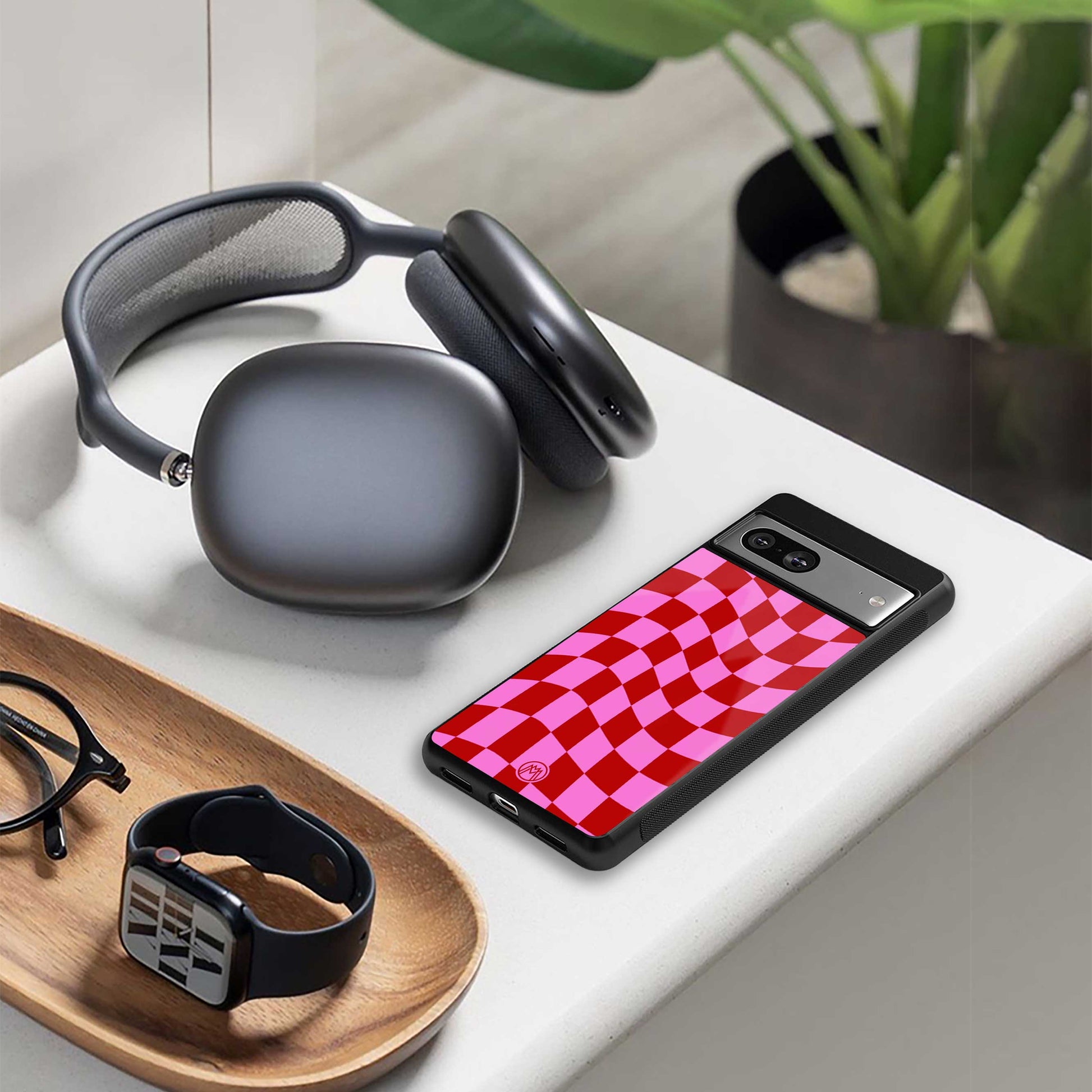 red pink trippy check pattern back phone cover | glass case for google pixel 7 pro