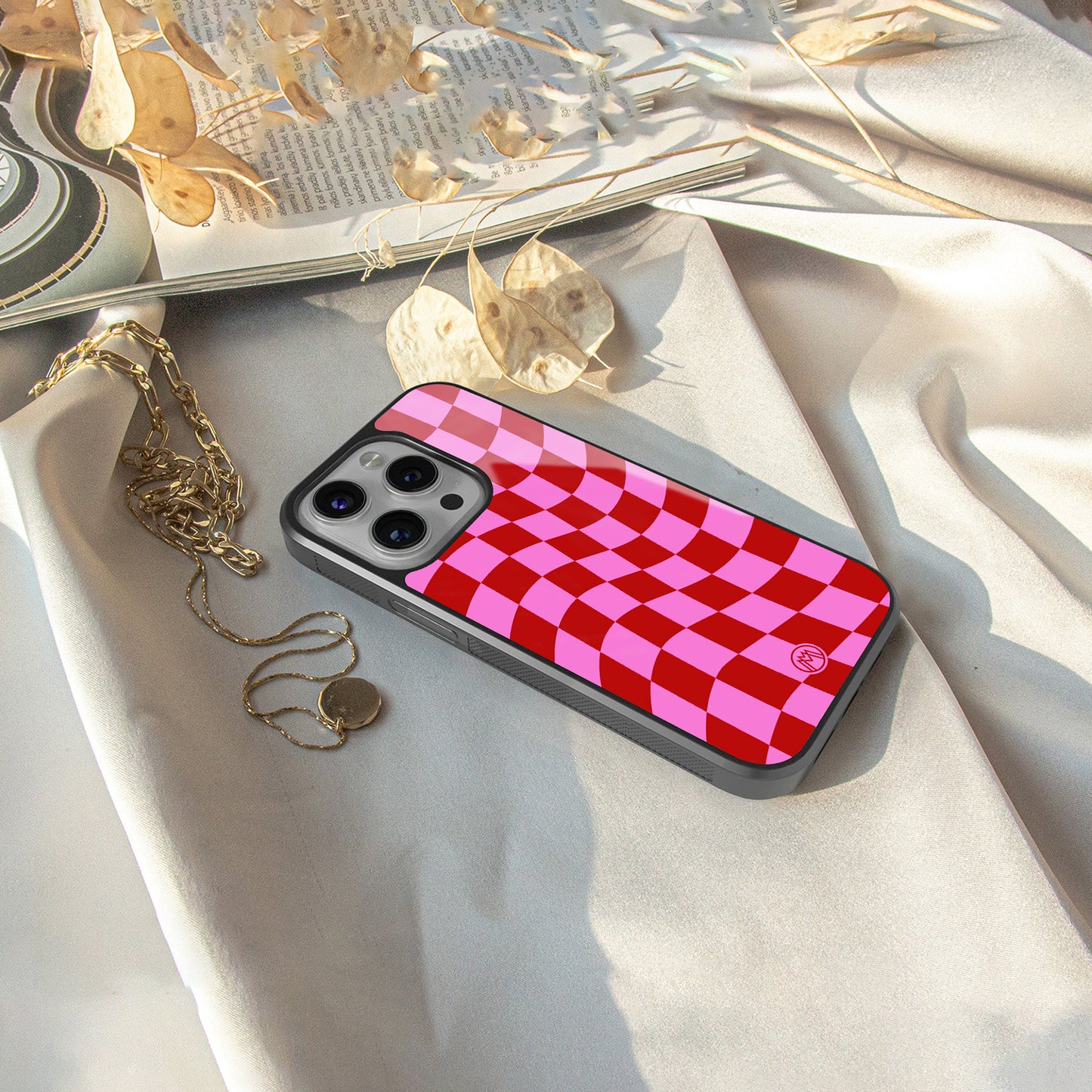 red pink trippy check pattern back phone cover | glass case for iphone 16 pro
