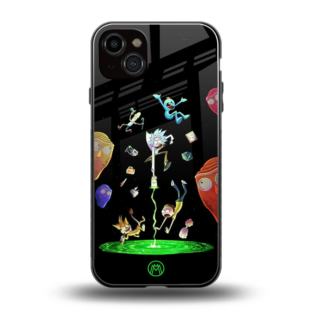 rick and morty amoled back phone cover | glass case for iphone 15 plus