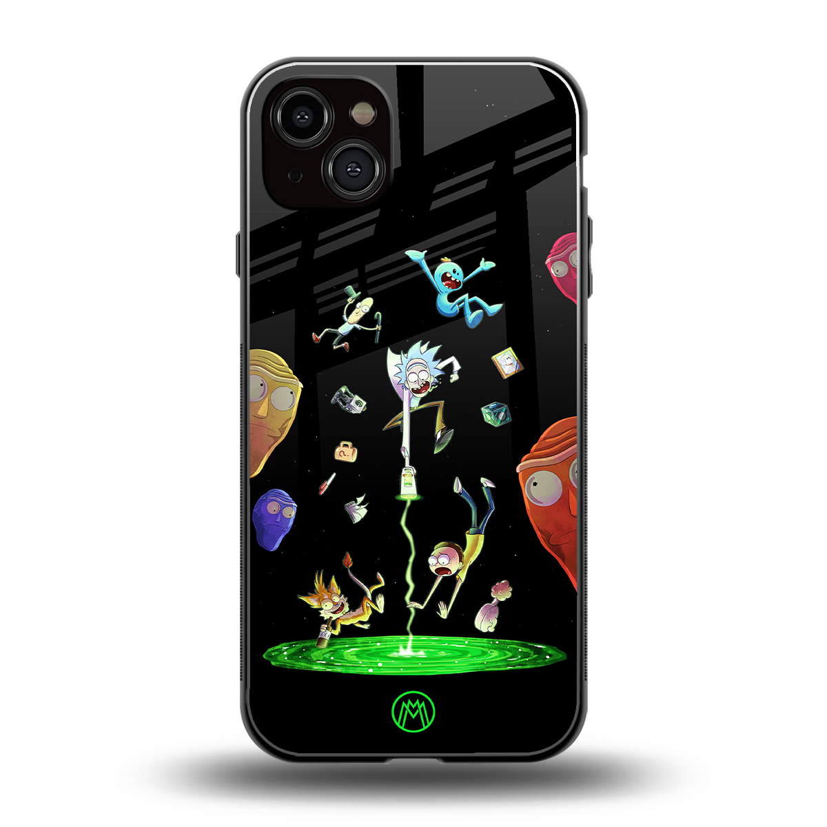 rick and morty amoled back phone cover | glass case for iphone 15 plus