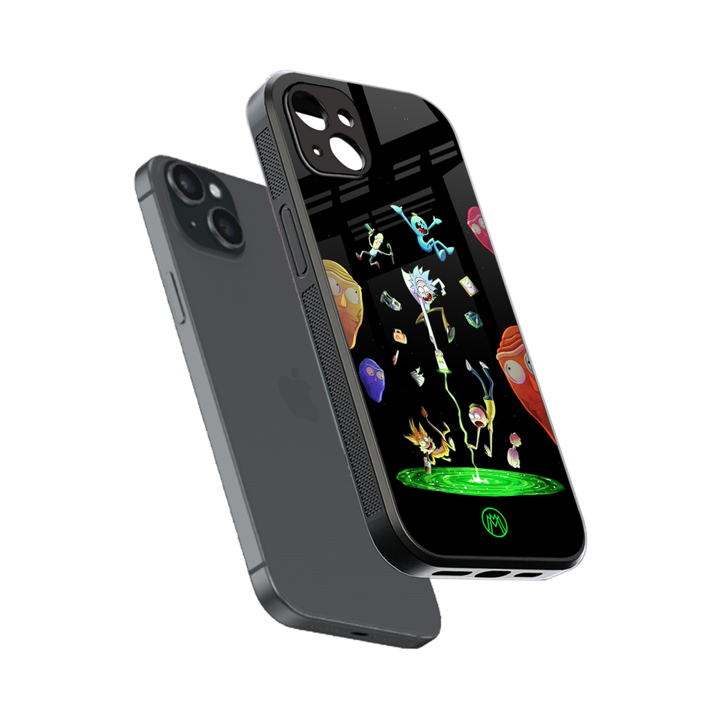 rick and morty amoled back phone cover | glass case for iphone 15 plus