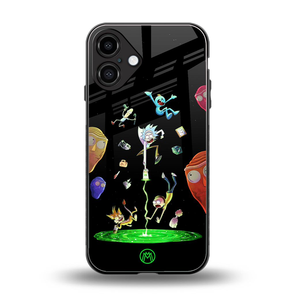 rick and morty amoled back phone cover | glass case for iphone 16 plus